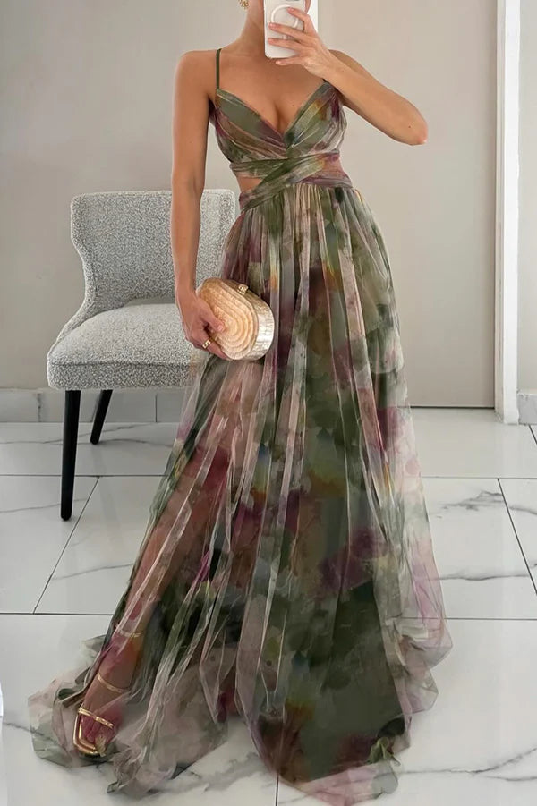 Vestido floral longo de tule Giselle Sper