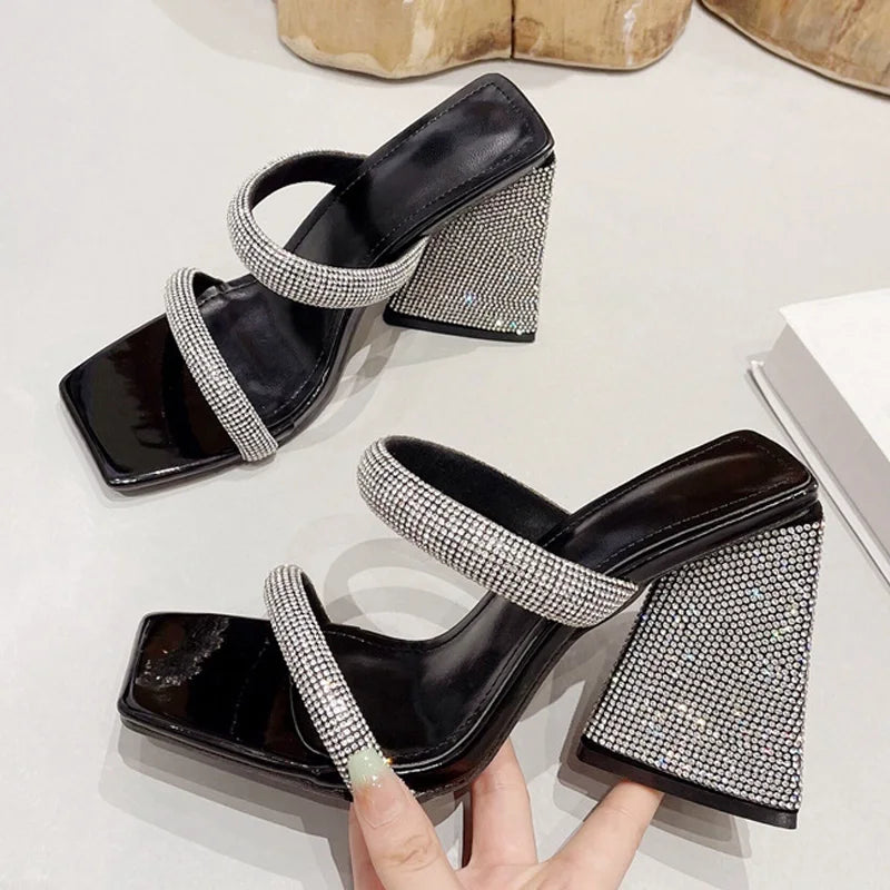 Sapato Mule Strass Salto Bloco Novidade