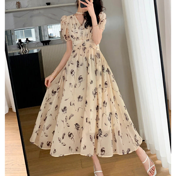 Vestido Feminino Plissado Floral Damasco