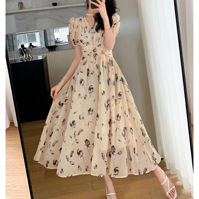 Vestido Feminino Plissado Floral Damasco