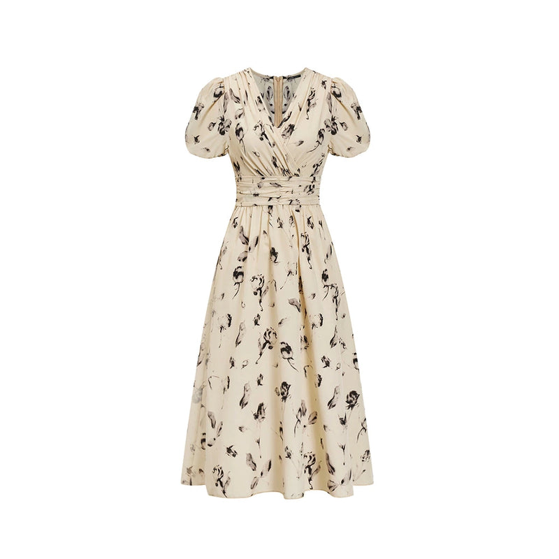 Vestido Feminino Plissado Floral Damasco